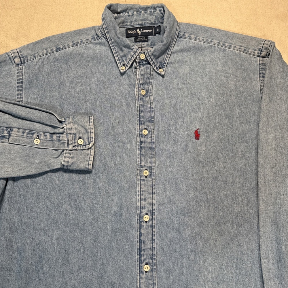 Vintage 90s Ralph Lauren Men's L Blaire Heavy Denim Button Down Shirt Red Pony